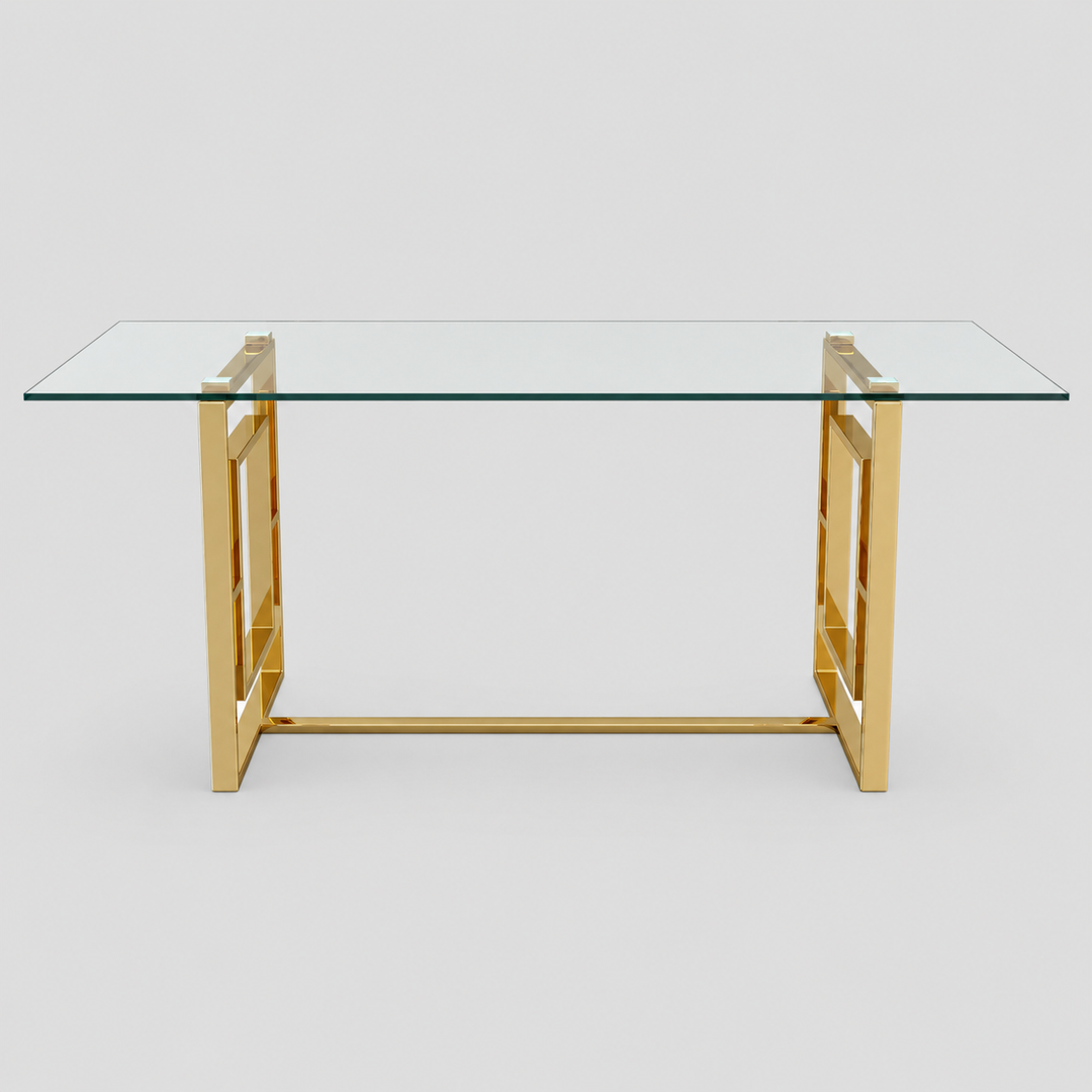 Arvello Contemporary Glass Dining Table – Rectangular Tempered Glass Top with Geometric Lattice Stainless Steel Frame and Polished Gold Finish Modern Luxury Dining Table