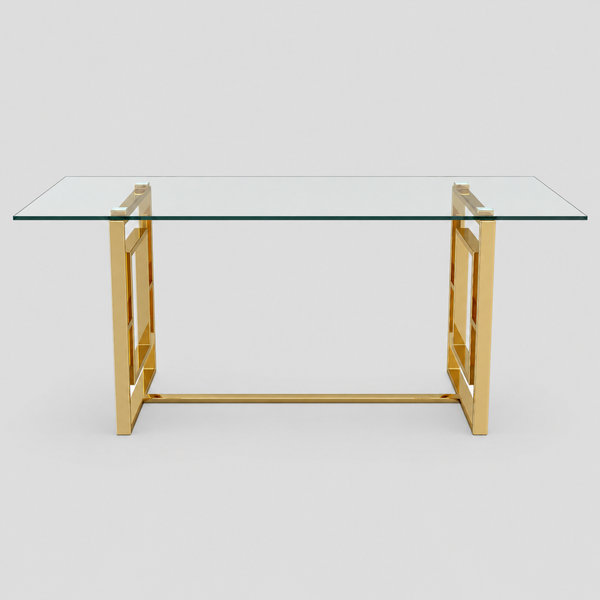 Arvello Contemporary Glass Dining Table – Rectangular Tempered Glass Top with Geometric Lattice Stainless Steel Frame and Polished Gold Finish Modern Luxury Dining Table