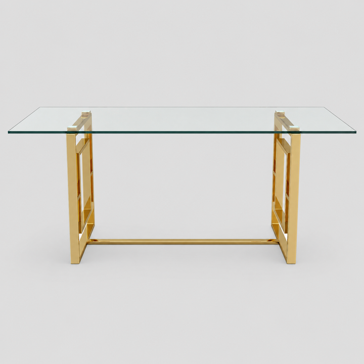 Arvello Contemporary Glass Dining Table – Rectangular Tempered Glass Top with Geometric Lattice Stainless Steel Frame and Polished Gold Finish Modern Luxury Dining Table