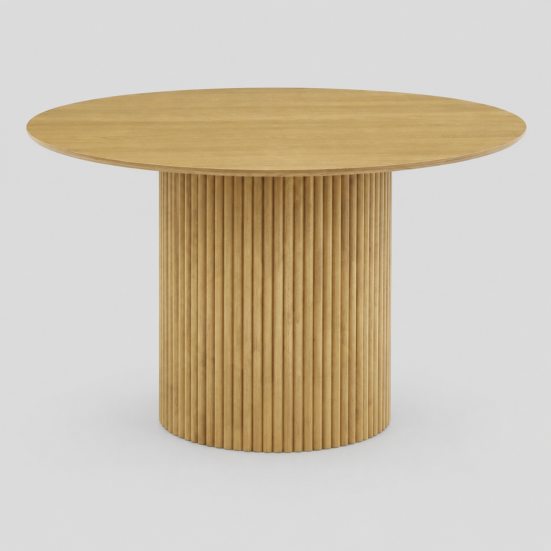 Mapleton Round Dining Table with Knife-Edge Top & Grooved Base | Modern Oak Veneer Design