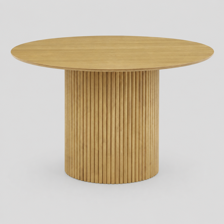 Mapleton Round Dining Table with Knife-Edge Top & Grooved Base | Modern Oak Veneer Design