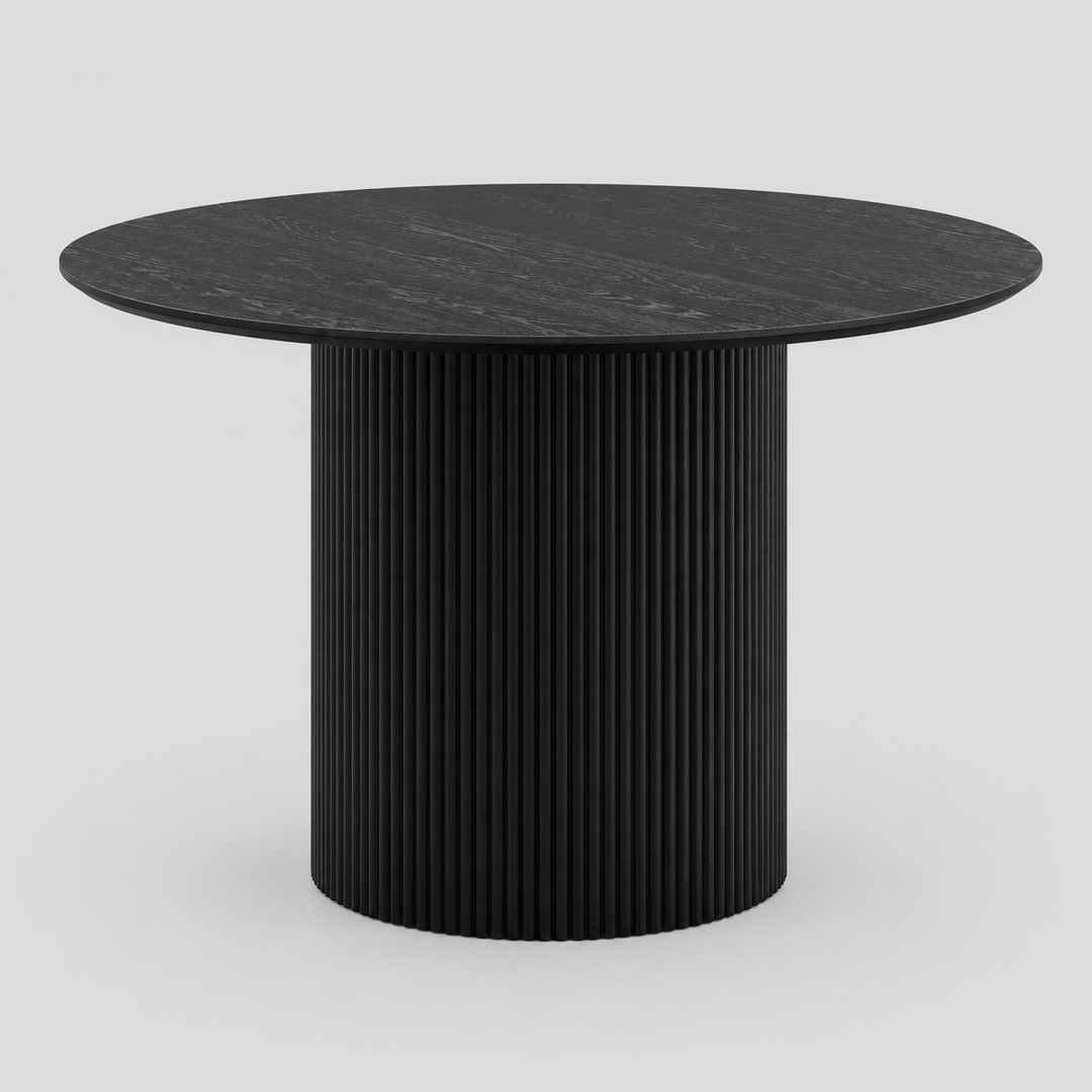 Vensaro Mid-Century Modern Round Dining Table – Engineered Wood Oak Veneer Top with Wide Reeded Pedestal Base and Reverse Bevel Wood Grain Finish Dining Table