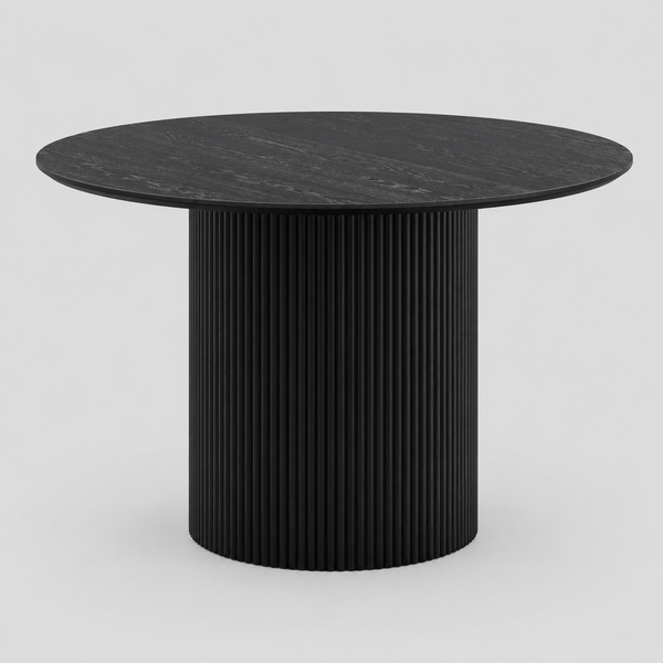 Vensaro Mid-Century Modern Round Dining Table – Engineered Wood Oak Veneer Top with Wide Reeded Pedestal Base and Reverse Bevel Wood Grain Finish Dining Table
