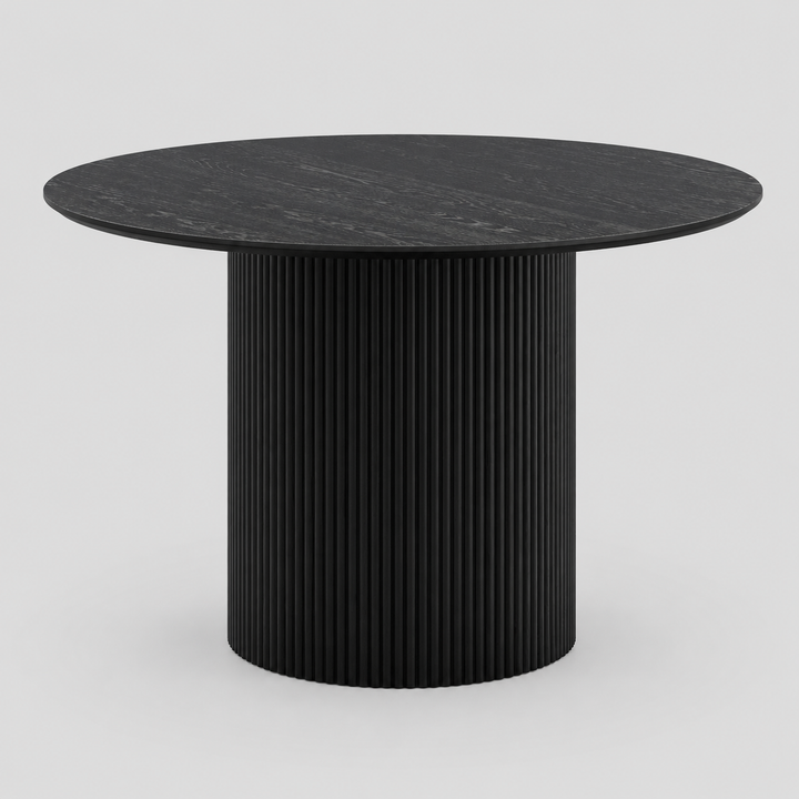 Vensaro Mid-Century Modern Round Dining Table – Engineered Wood Oak Veneer Top with Wide Reeded Pedestal Base and Reverse Bevel Wood Grain Finish Dining Table