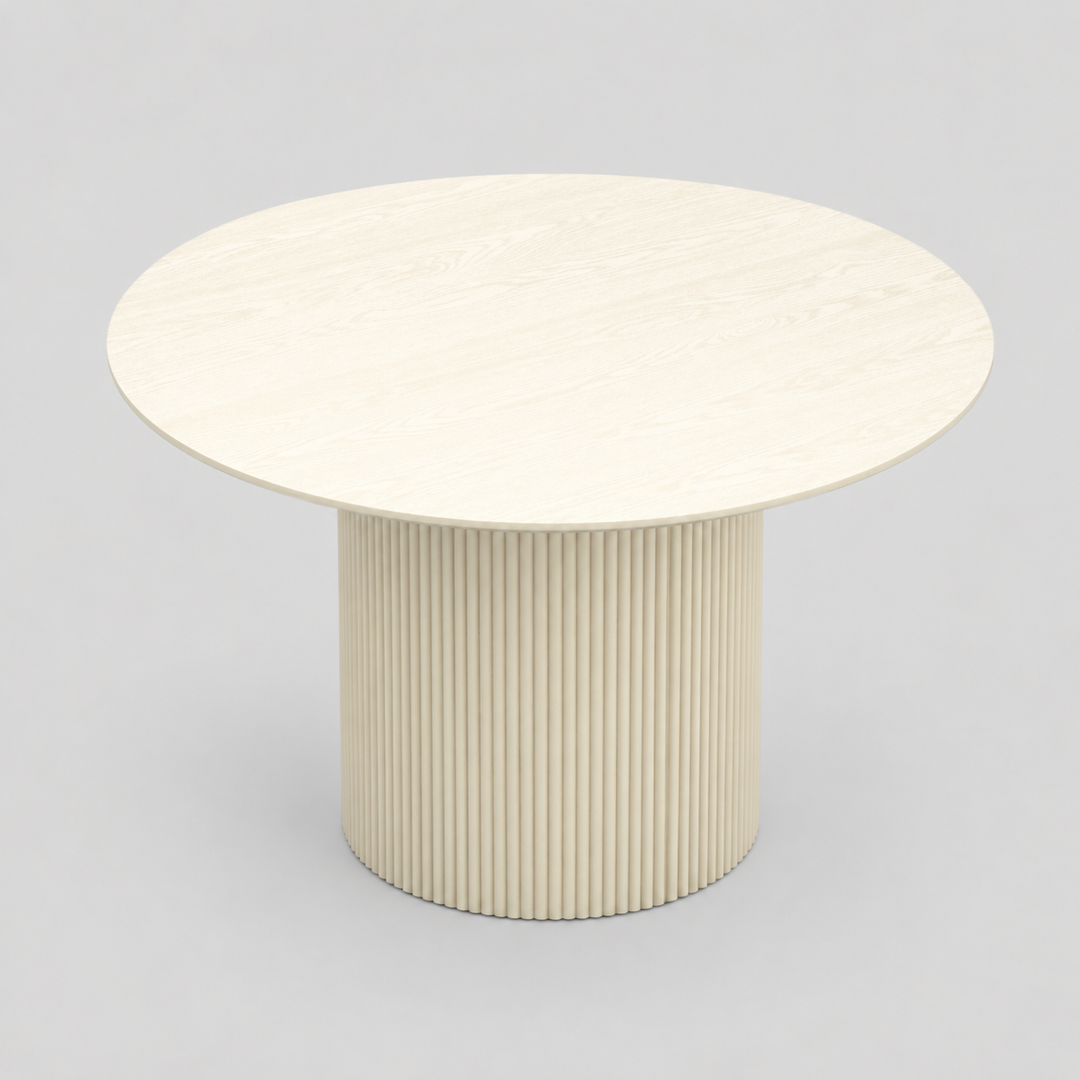 Trivano Mid-Century Modern Round Dining Table – Engineered Wood Oak Veneer Top with Wide Reeded Pedestal Base and Reverse Bevel Wood Grain Finish Dining Table