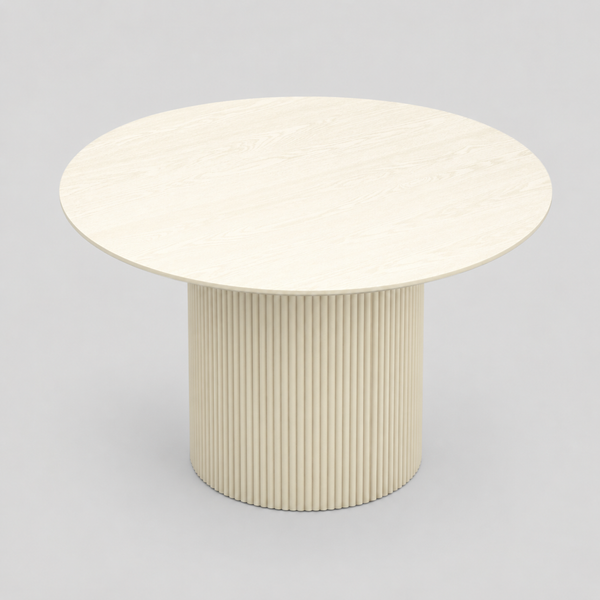 Trivano Mid-Century Modern Round Dining Table – Engineered Wood Oak Veneer Top with Wide Reeded Pedestal Base and Reverse Bevel Wood Grain Finish Dining Table