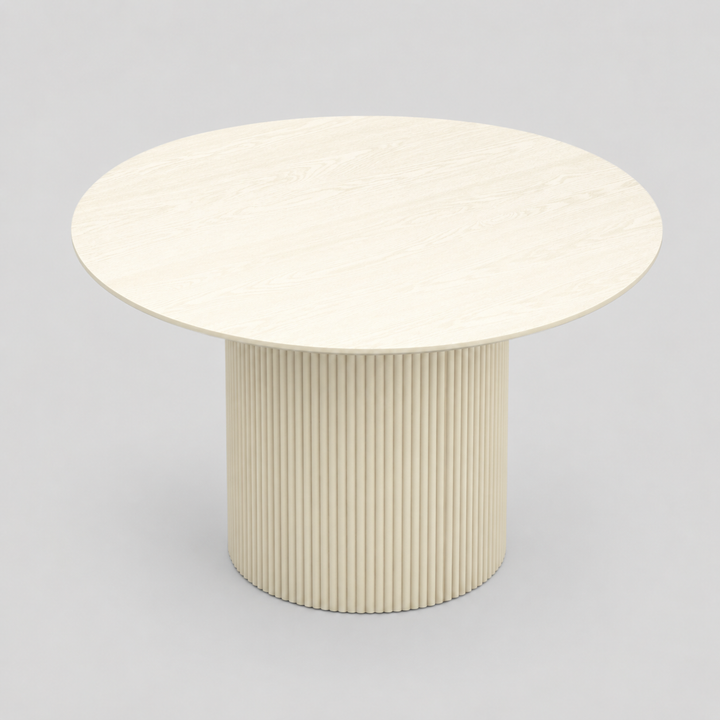 Trivano Mid-Century Modern Round Dining Table – Engineered Wood Oak Veneer Top with Wide Reeded Pedestal Base and Reverse Bevel Wood Grain Finish Dining Table