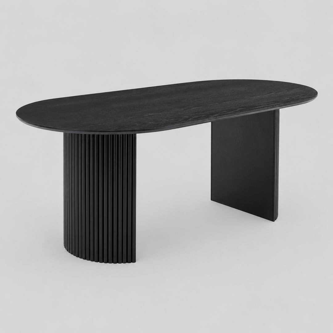 Sorento Oval Dining Table with Knife-Edge Top & Grooved Base | Modern Black Oak Veneer Design