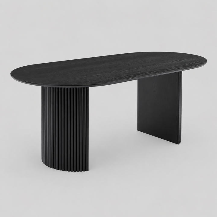 Sorento Oval Dining Table with Knife-Edge Top & Grooved Base | Modern Black Oak Veneer Design