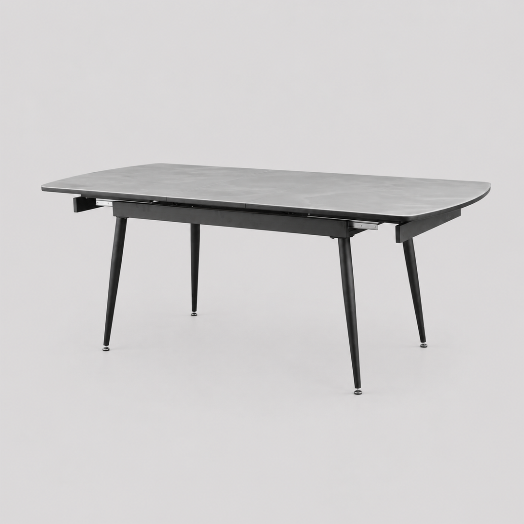 Elvora Dining Table – Modern Extendable Grey Top Dining Table with Black Metal Legs