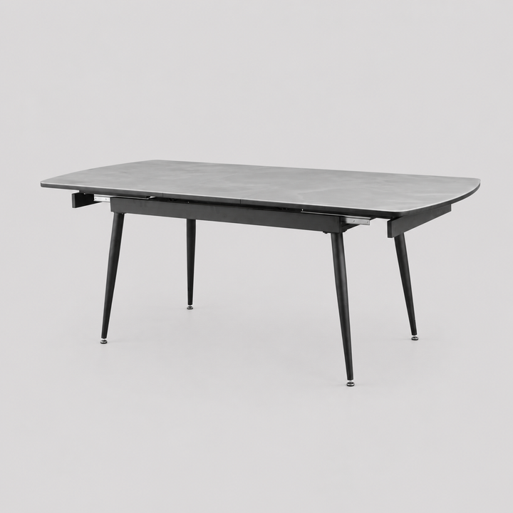 Elvora Dining Table – Modern Extendable Grey Top Dining Table with Black Metal Legs