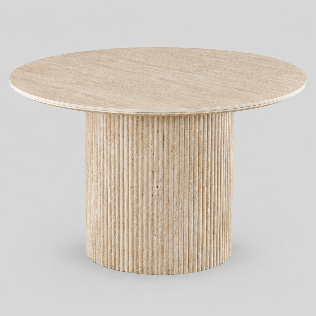 Elvaron Modern Round Pedestal Dining Table – 47.25" Sintered Stone Travertine Top with Fluted Stone-Look Base, Engineered Wood Structure and Scratch & Heat Resistant Finish