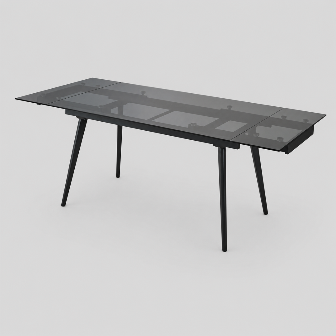 Lumora Extendable Glass Dining Table with Black Metal Frame | Modern 6–8 Seater Convertible Dining Table Design