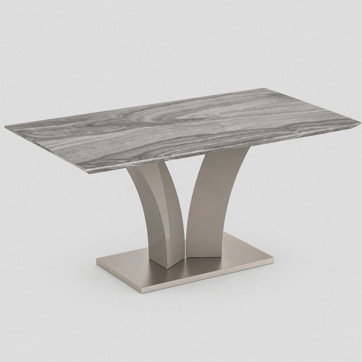 Casavon Modern Dining Table – Rectangular Faux Marble Laminated Veneer Top with Geometric Grey Posts and Stainless Steel Wrapped Engineered Wood Base Dining Table