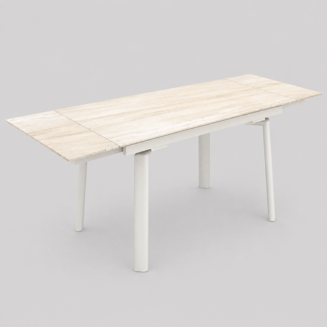 Arden Peak Contemporary Extendable Dining Table – Travertine Sintered Stone Top with Double Extension Leaves, Cream Metal Frame and Modern Dining Room Design