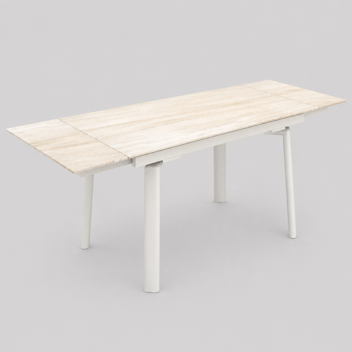 Arden Peak Contemporary Extendable Dining Table – Travertine Sintered Stone Top with Double Extension Leaves, Cream Metal Frame and Modern Dining Room Design