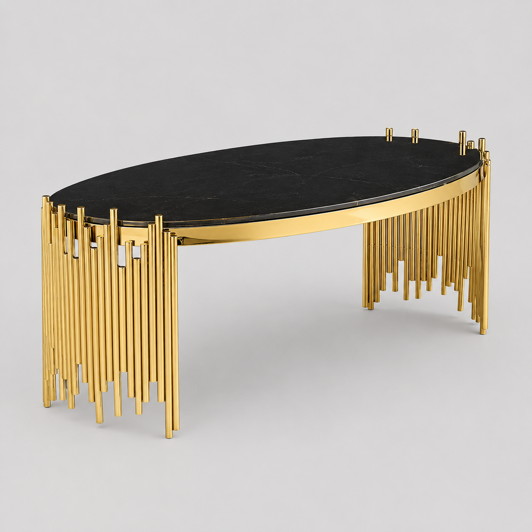 Ardent Coffee Table – Black Tinted Glass & Polished Gold Frame