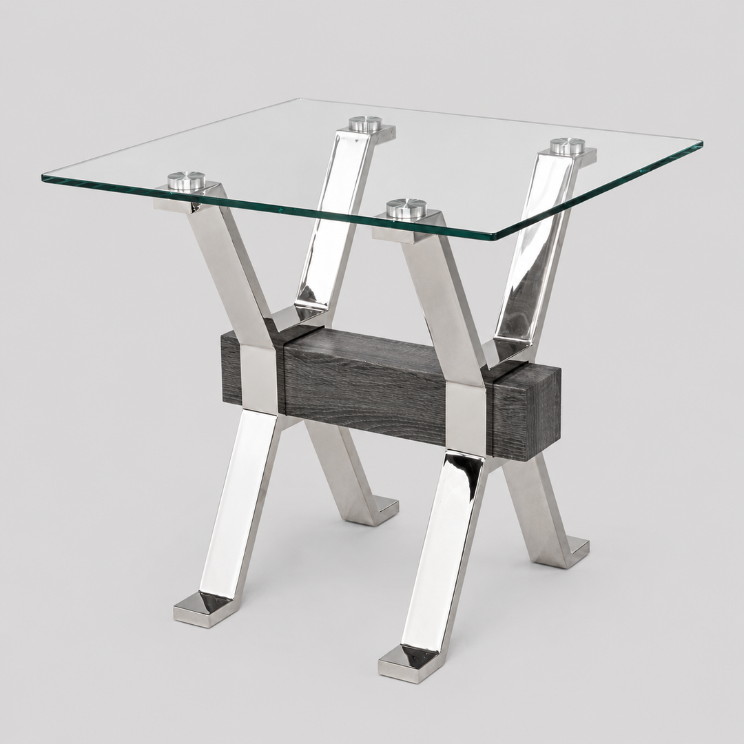 Norwick Modern Glass End Table – 12mm Tempered Glass Top with Chrome Metal Frame, Geometric Sculptural Base and Contemporary Living Room Accent Table
