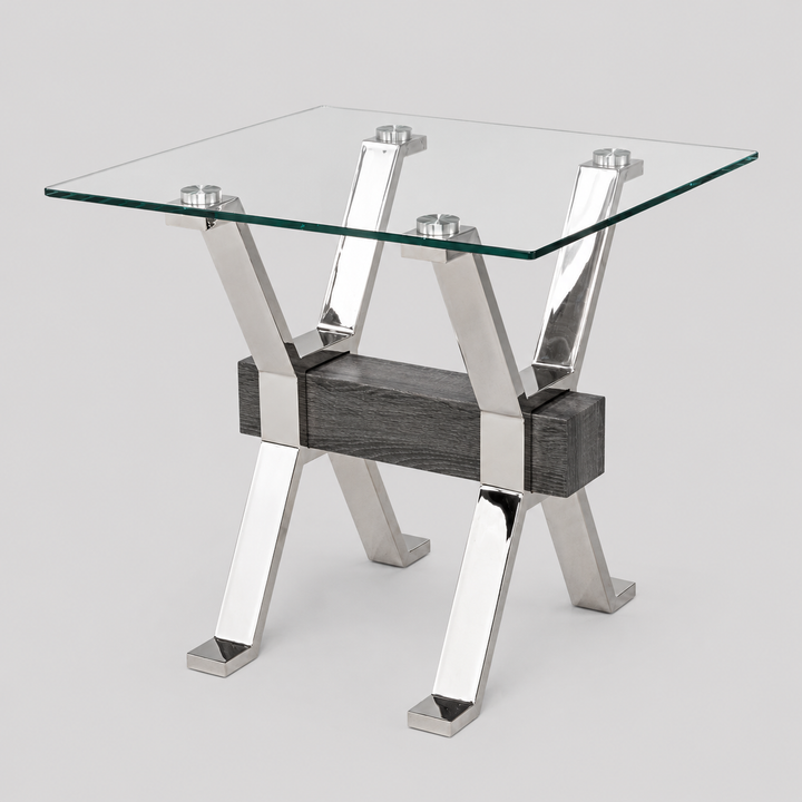 Norwick Modern Glass End Table – 12mm Tempered Glass Top with Chrome Metal Frame, Geometric Sculptural Base and Contemporary Living Room Accent Table