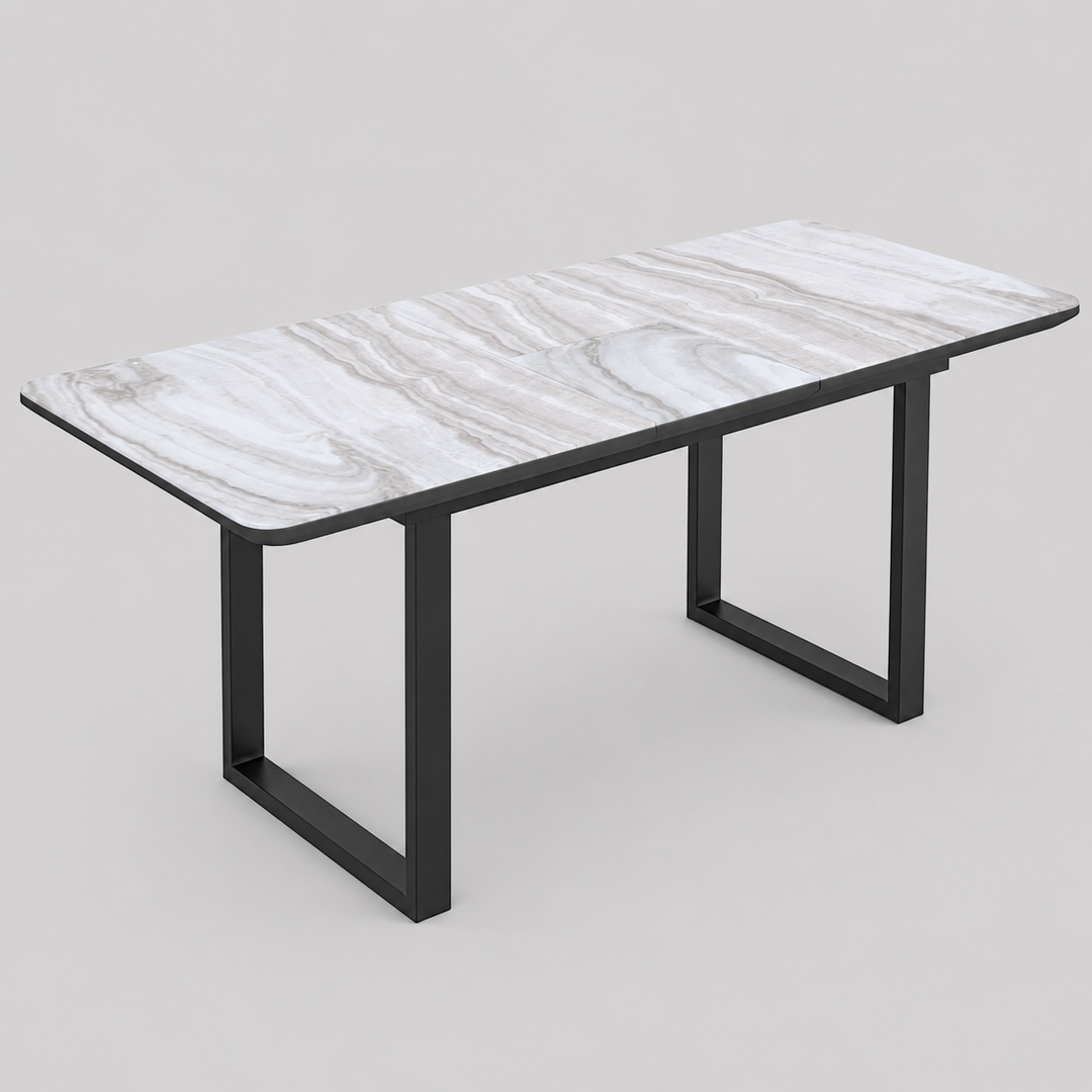 Lumerra Extendable Dining Table – Marble Glass Top, Black Metal Legs