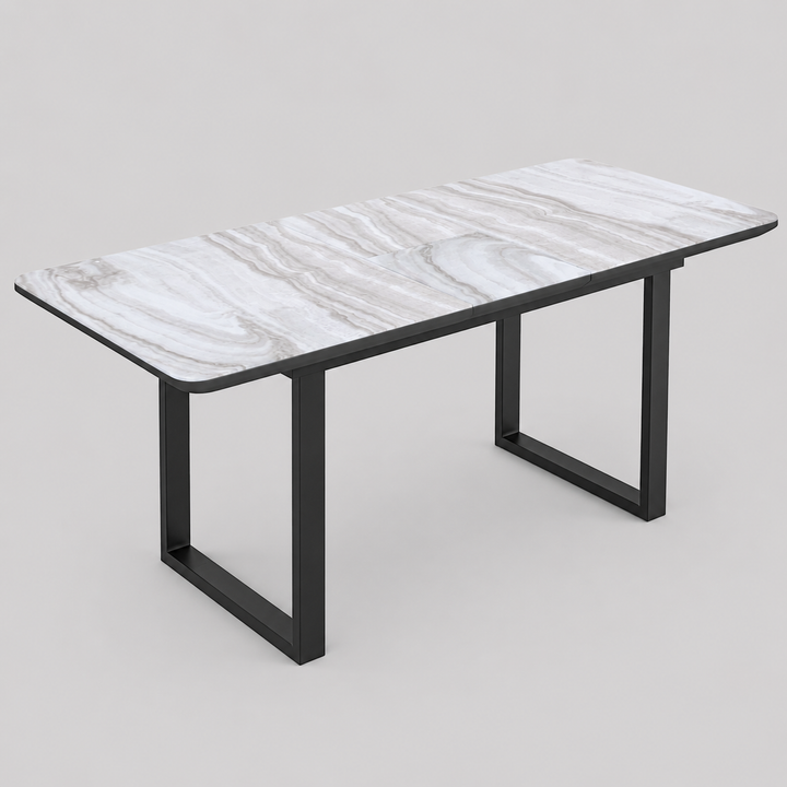Lumerra Extendable Dining Table – Marble Glass Top, Black Metal Legs