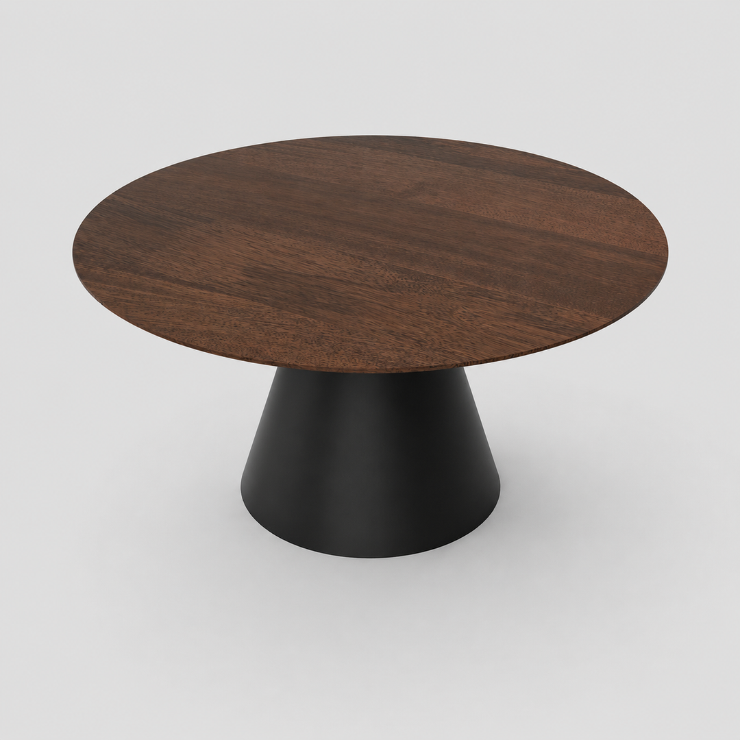 Zarelli Luxury Solid Mango Wood Round Dining Table with Black Sculptural Metal Pedestal Base | Contemporary Elegance