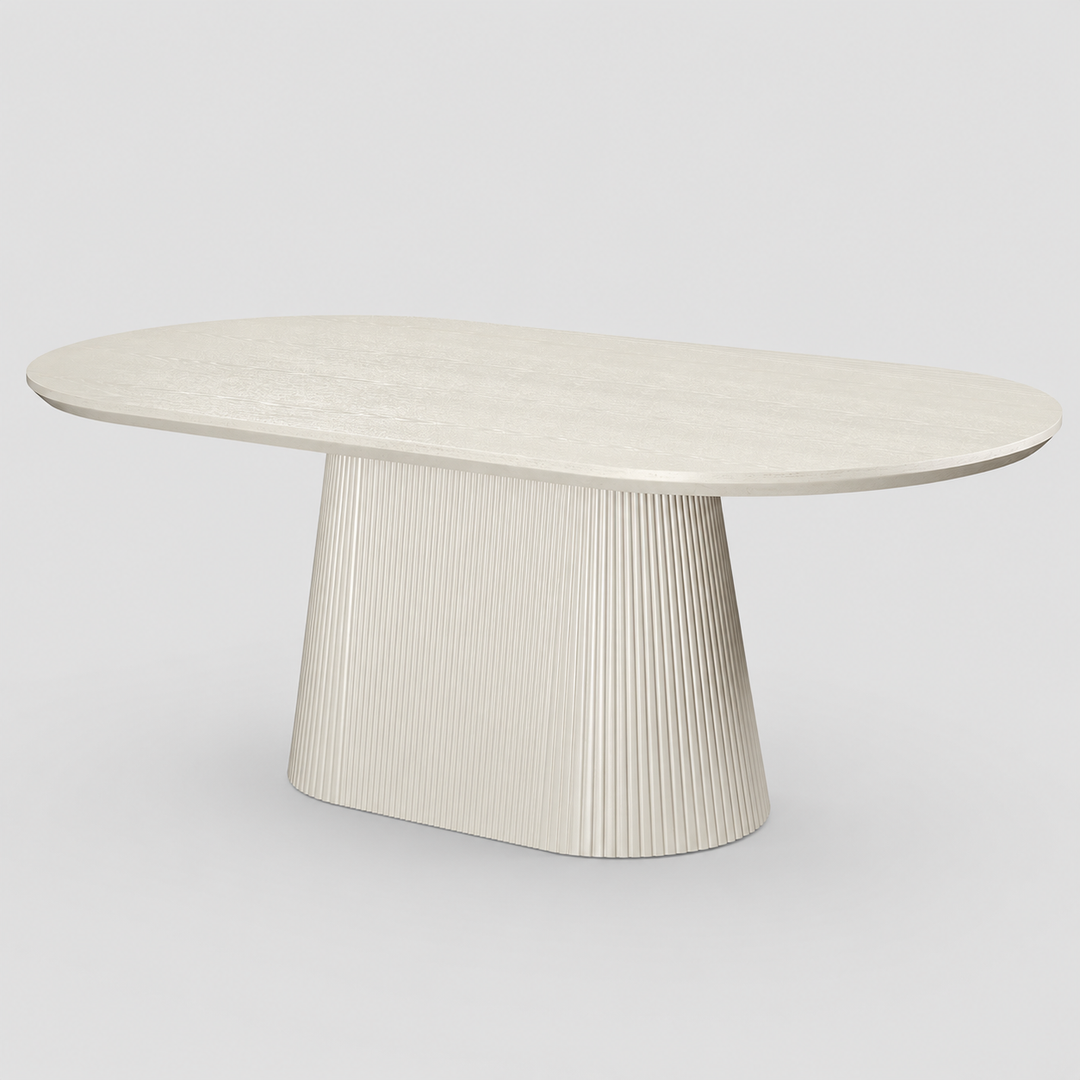 Crestora Mid-Century Modern Oval Dining Table – Engineered Wood Oak Veneer Top with Wide Reeded Pedestal Base and Reverse Bevel Wood Grain Finish Dining Table