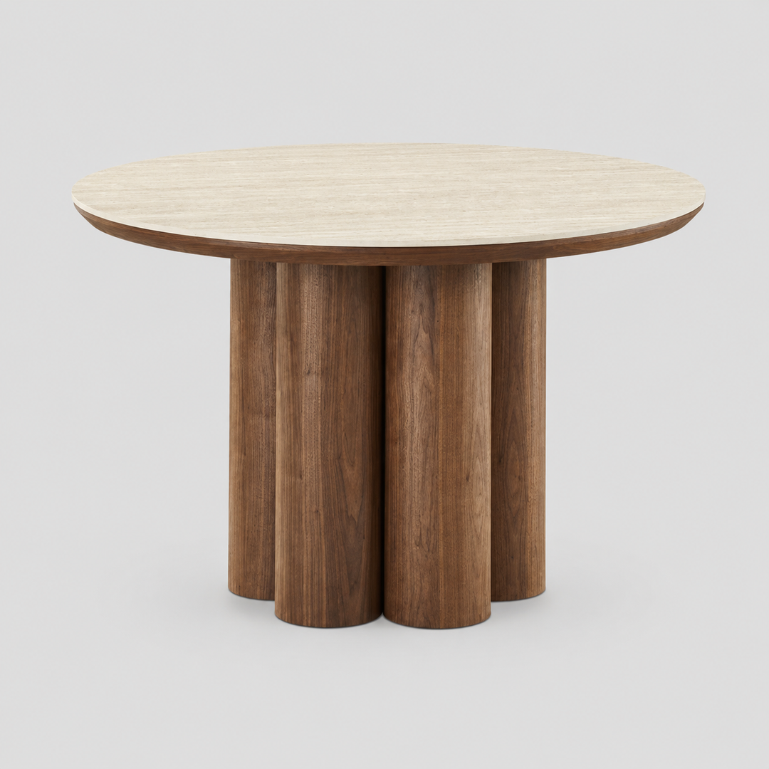 Orlancia Mid-Century Modern Round Dining Table – Sintered Stone Travertine Top with Walnut Veneer Pedestal Base and Beveled Edge Dining Table