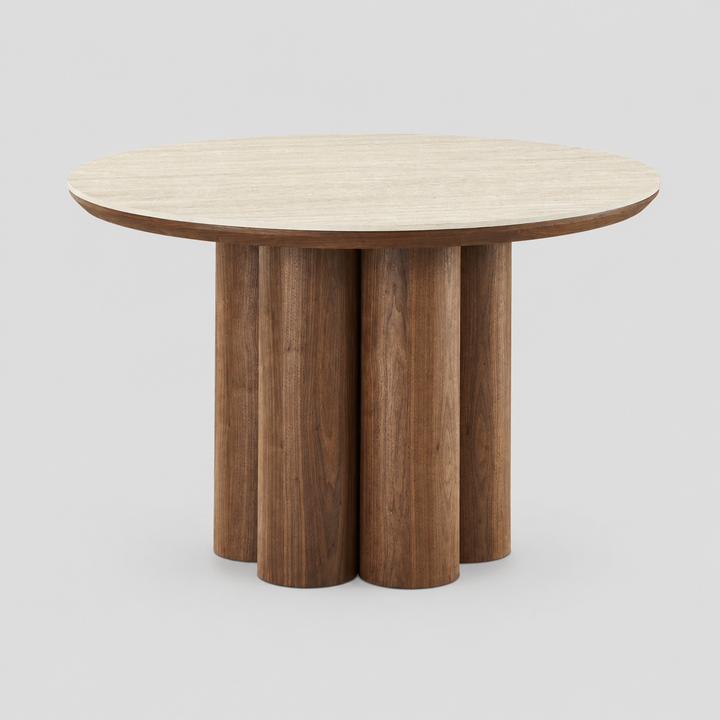 Orlancia Mid-Century Modern Round Dining Table – Sintered Stone Travertine Top with Walnut Veneer Pedestal Base and Beveled Edge Dining Table