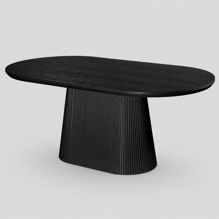 Bellavik Mid-Century Modern Ellipse Dining Table – Engineered Wood Oak Veneer Top with Wide Reeded Pedestal Base and Reverse Bevel Wood Grain Finish Dining Table