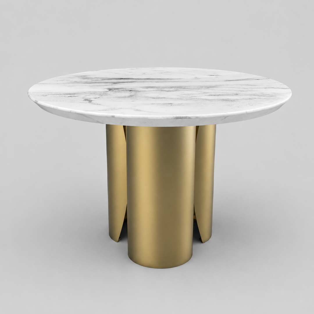Alvona Luxury Round Marble Dining Table with Gold Metal Sculptural Base | Modern Elegant Design
