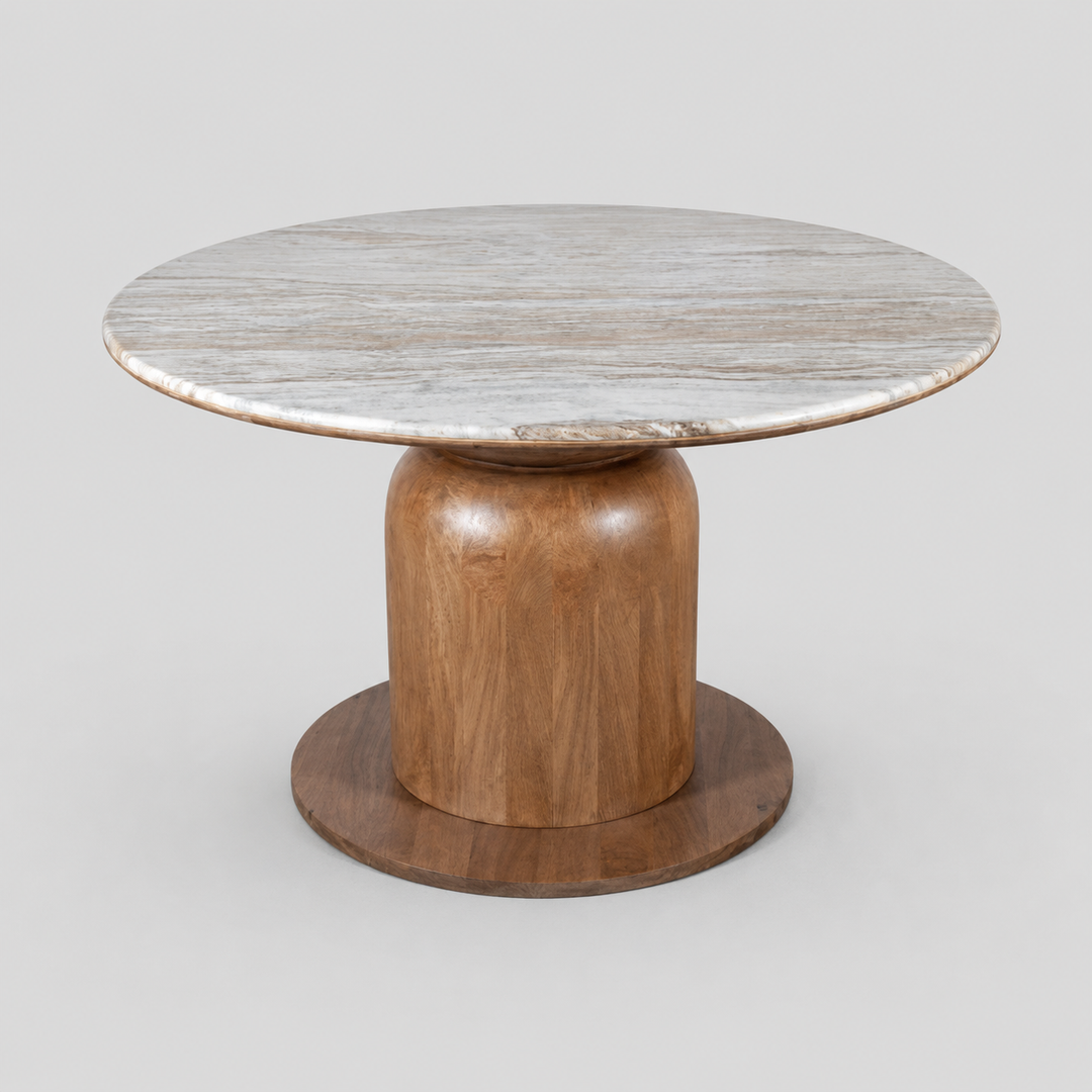Norlix Mid-Century Modern Round Dining Table – Solid Mango Wood Table with Fantasy Brown Marble Top and Walnut Finish Pedestal Base