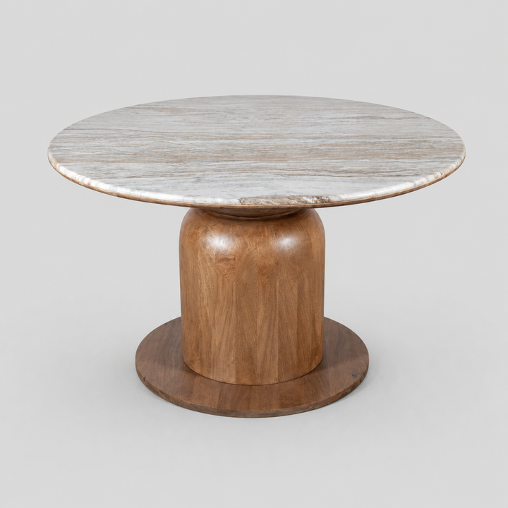 Norlix Mid-Century Modern Round Dining Table – Solid Mango Wood Table with Fantasy Brown Marble Top and Walnut Finish Pedestal Base