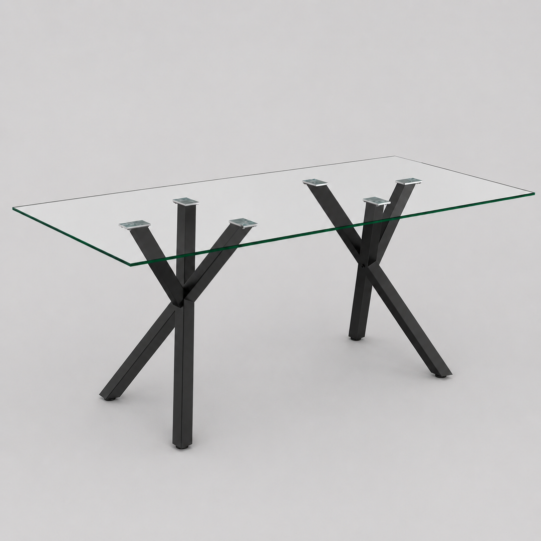 Eldora Contemporary Glass Dining Table – Rectangular Tempered Glass Top with Matte Black Metal Legs, Brushed Stainless Steel Holders and Geometric Modern Design Dining Table