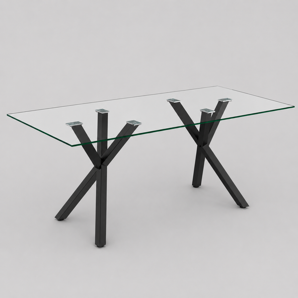 Eldora Contemporary Glass Dining Table – Rectangular Tempered Glass Top with Matte Black Metal Legs, Brushed Stainless Steel Holders and Geometric Modern Design Dining Table