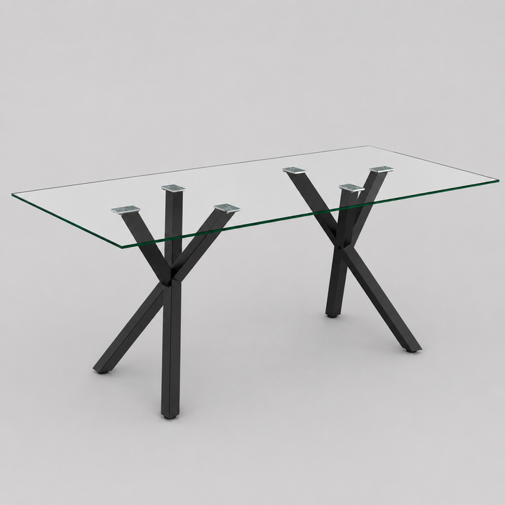 Eldora Contemporary Glass Dining Table – Rectangular Tempered Glass Top with Matte Black Metal Legs, Brushed Stainless Steel Holders and Geometric Modern Design Dining Table