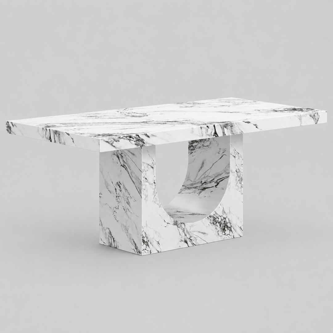 Meridale Contemporary Arch Dining Table – ECC Concrete Table with Matte Bulgari Marble Finish, Heat & Scratch Resistant Surface and Modern Sculptural Design Dining Table