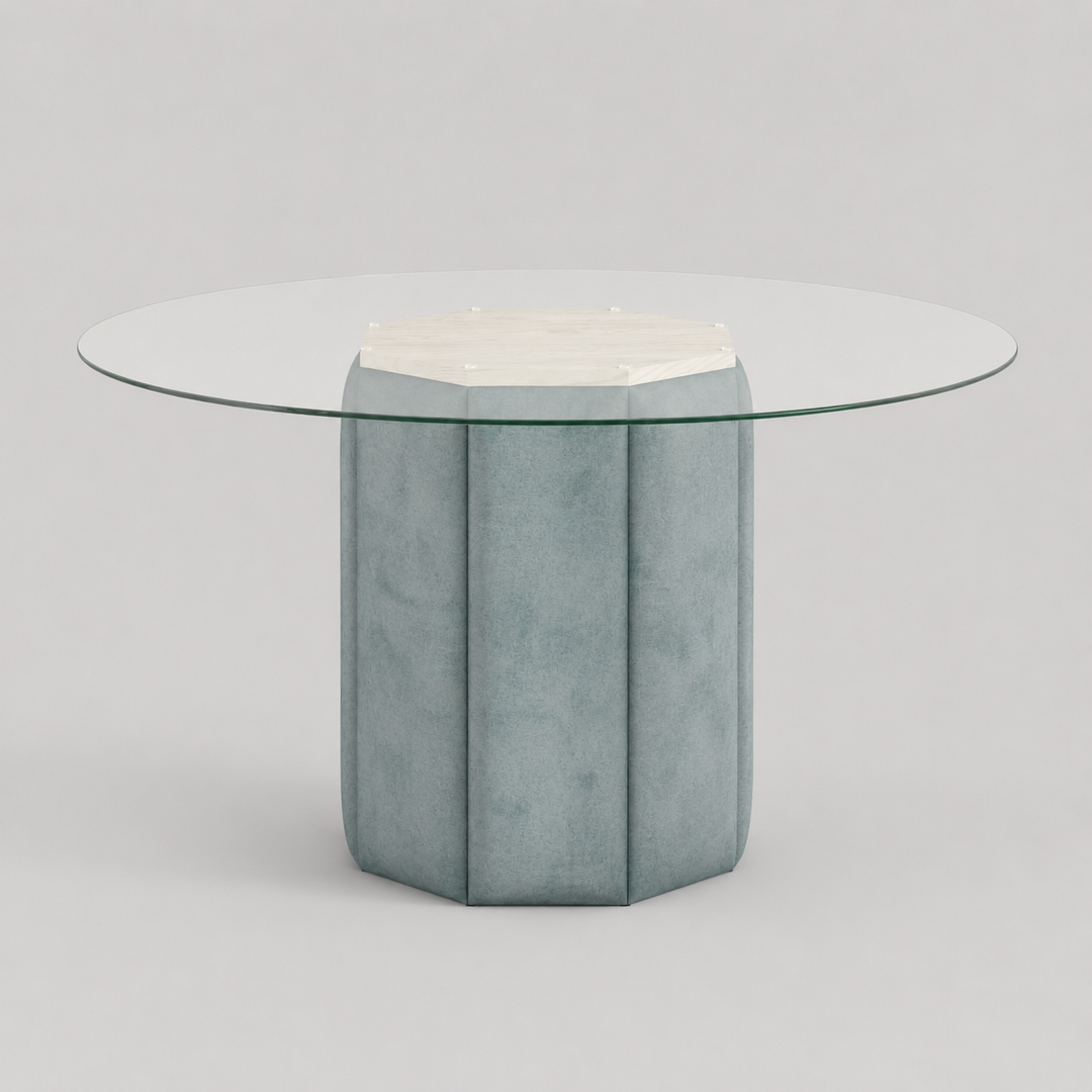 Elvaris Contemporary Glass Dining Table with Maple Wood Frame, Upholstered Base & Sky Blue Finish | Modern Elegant Design