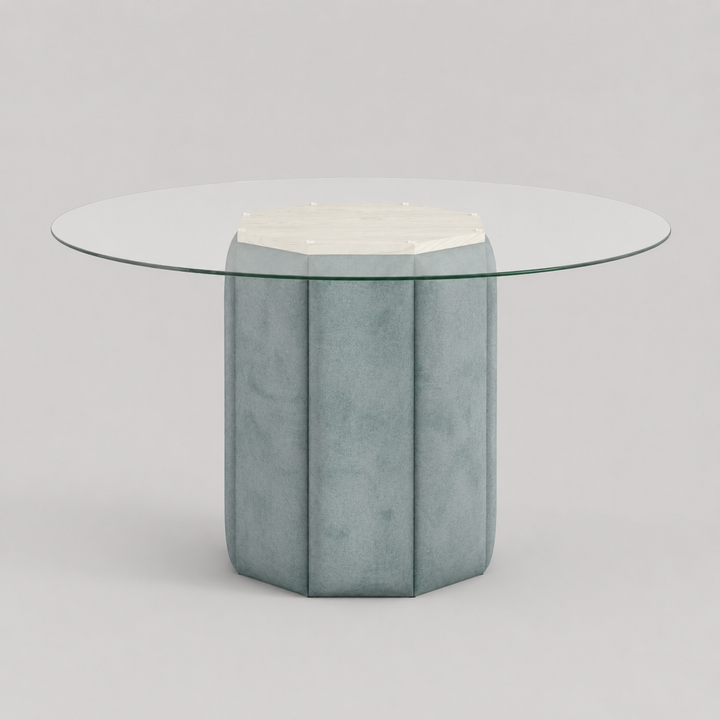 Elvaris Contemporary Glass Dining Table with Maple Wood Frame, Upholstered Base & Sky Blue Finish | Modern Elegant Design