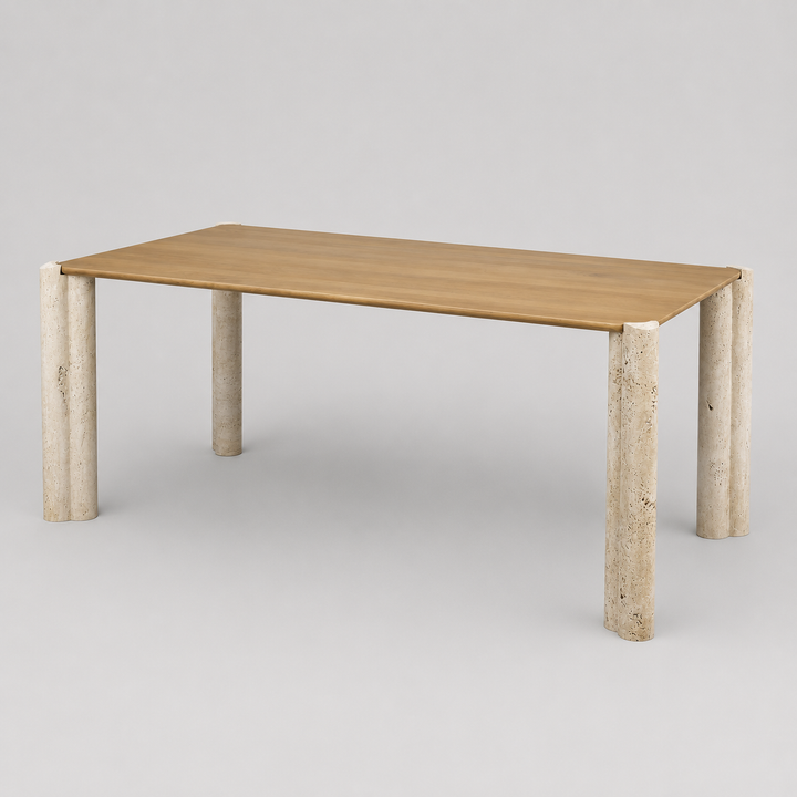 Arvelle Solid Mango Wood Dining Table with Travertine Stone Legs | Luxury Modern Organic Design