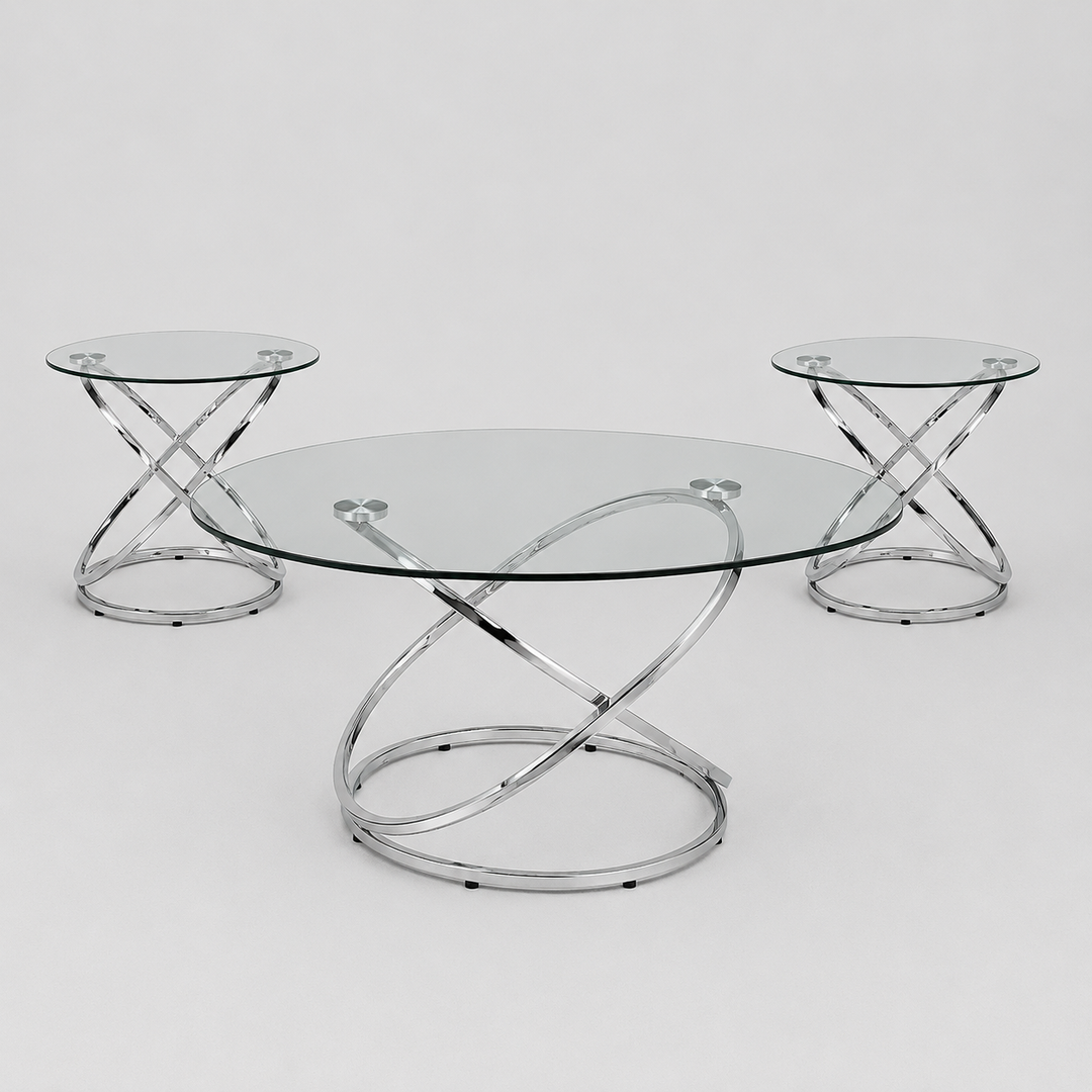 Fiora Modern Coffee Table Set with Clear Tempered Glass Tops & Chrome Stainless Steel Frame (3-Piece Set)