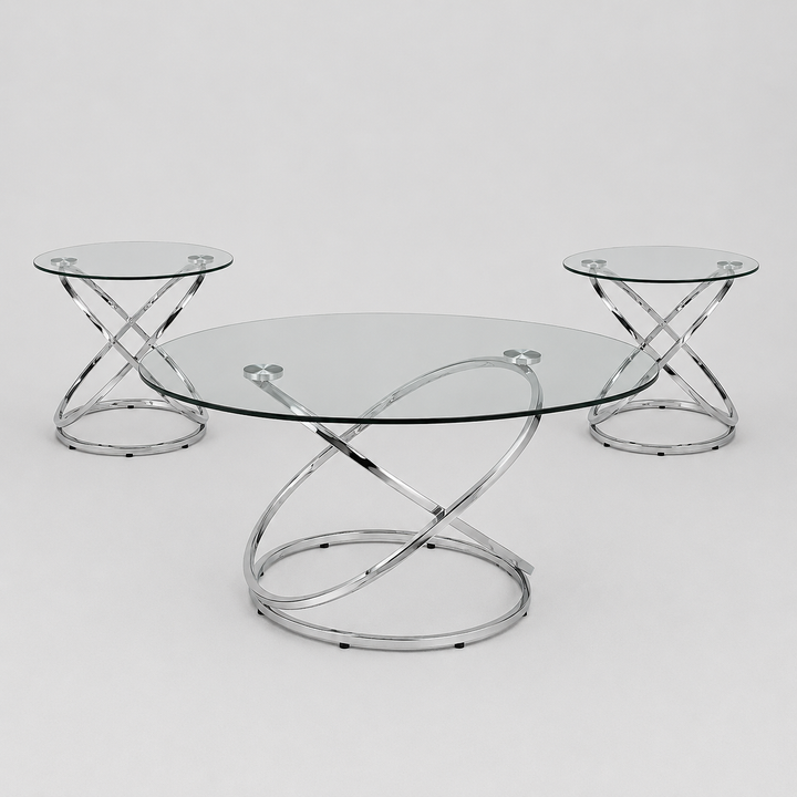 Fiora Modern Coffee Table Set with Clear Tempered Glass Tops & Chrome Stainless Steel Frame (3-Piece Set)