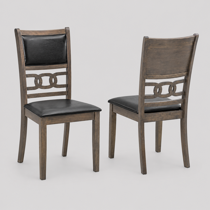 Velmoro 2-Piece Dining Chairs – Antique Grey Modern Finish Ladder Back Design with Black PU Cushion Seats for Stylish Dining & Home Interiors