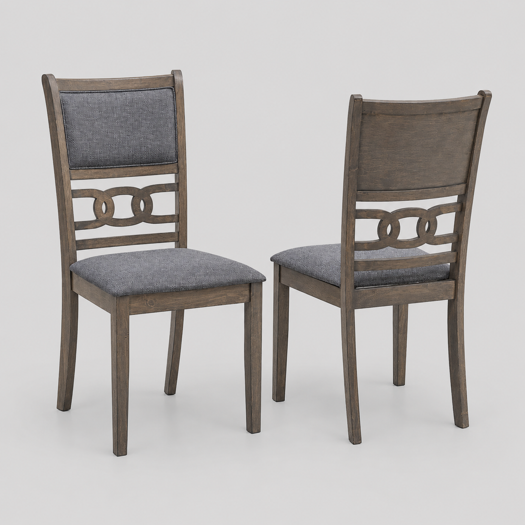 Velmoro 2-Piece Dining Chairs – Antique Grey Modern Finish Ladder Back Design with Dark Grey Fabric Upholstered Cushion Seats for Elegant Dining Spaces