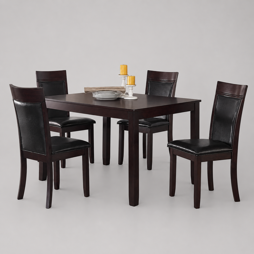 Terra Wooden Dining Table Set For 4 With PU Upholstered Chairs - Espresso/ Black | Mid-Century Modern, Durable & Comfortable