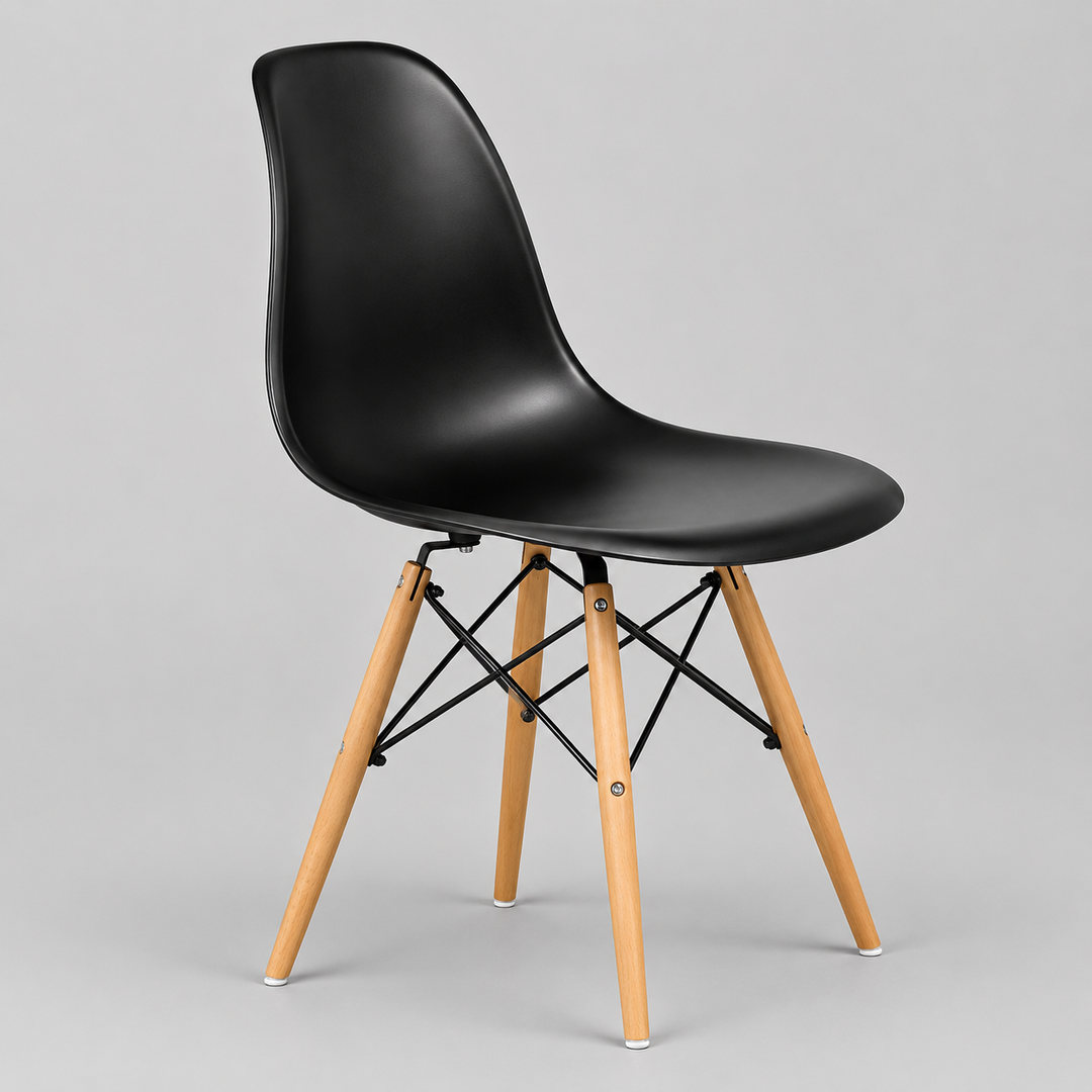Marzello 4-Piece Eiffel Dining Chair Set in Black with Modern Molded Seat, Wooden Legs and Contemporary Eiffel Design