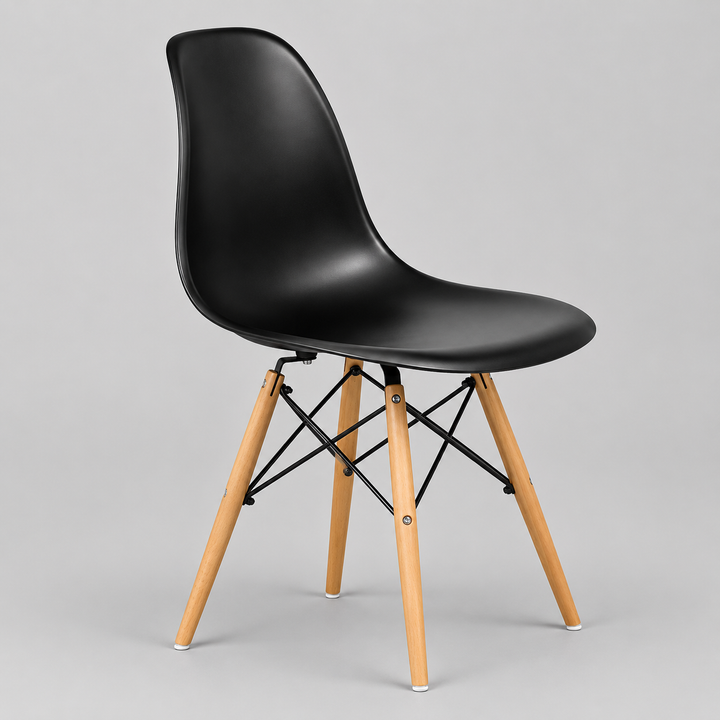 Marzello 4-Piece Eiffel Dining Chair Set in Black with Modern Molded Seat, Wooden Legs and Contemporary Eiffel Design