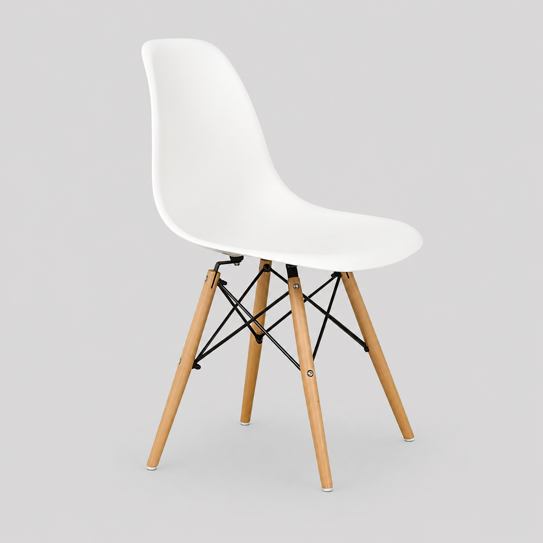 Marzello 4-Piece Eiffel Dining Chair Set in White with Modern Molded Seat, Wooden Legs and Contemporary Eiffel Design