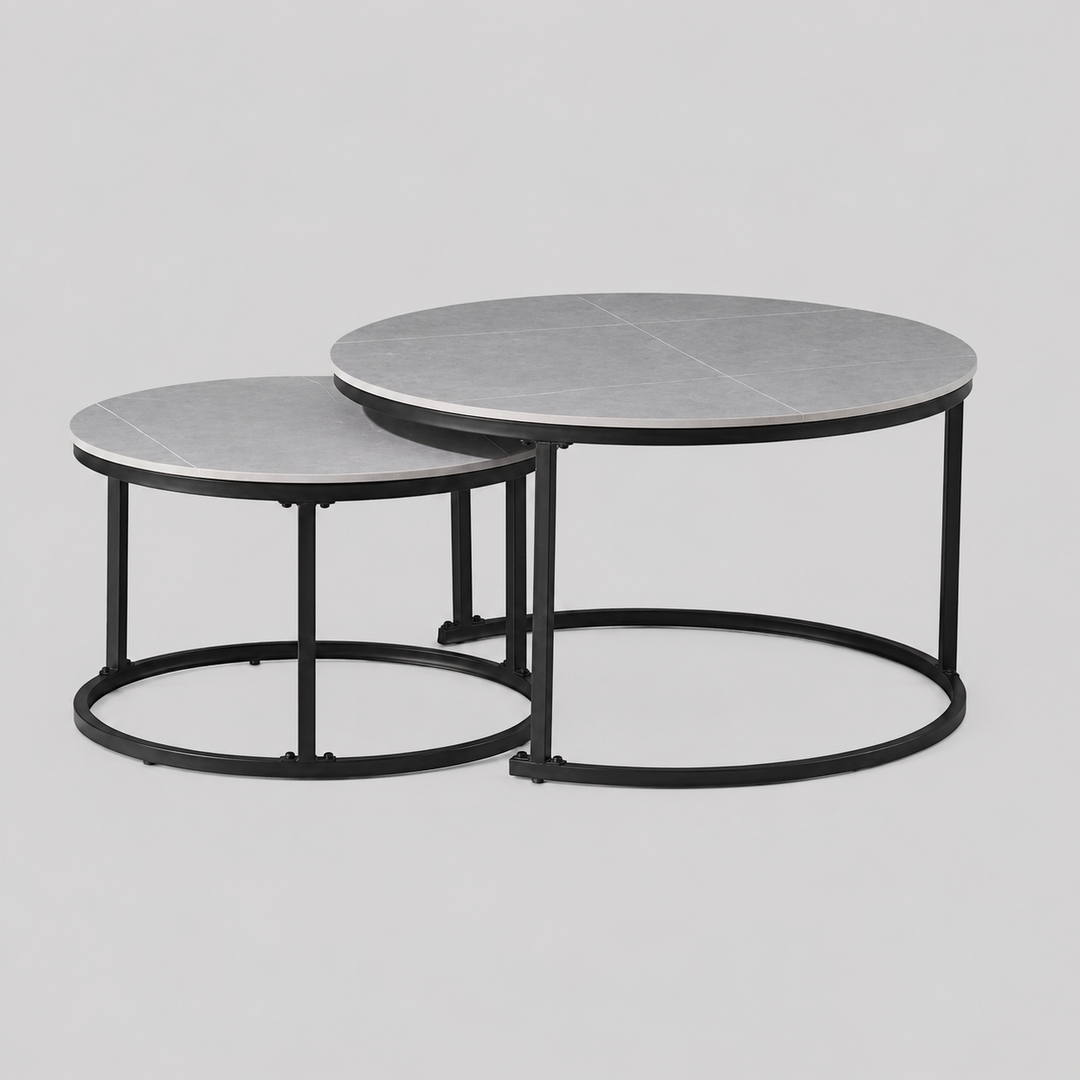 Alvireo Set of 2 Coffee Tables – Modern Sintered Stone Armani Marble Top with Black Steel Base