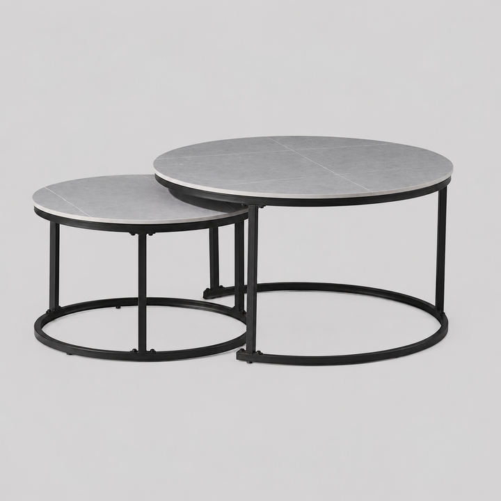 Alvireo Set of 2 Coffee Tables – Modern Sintered Stone Armani Marble Top with Black Steel Base